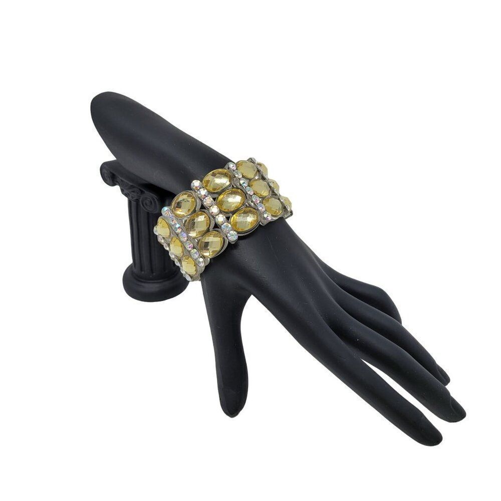 Wide Chunky Stretch Bracelet Faux Yellow Citrine‎ AB Rhinestone Plastic Glam